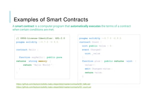 Examples of Smart Contracts
A smart contract is a computer program that automatically executes the terms of a contract
whe...