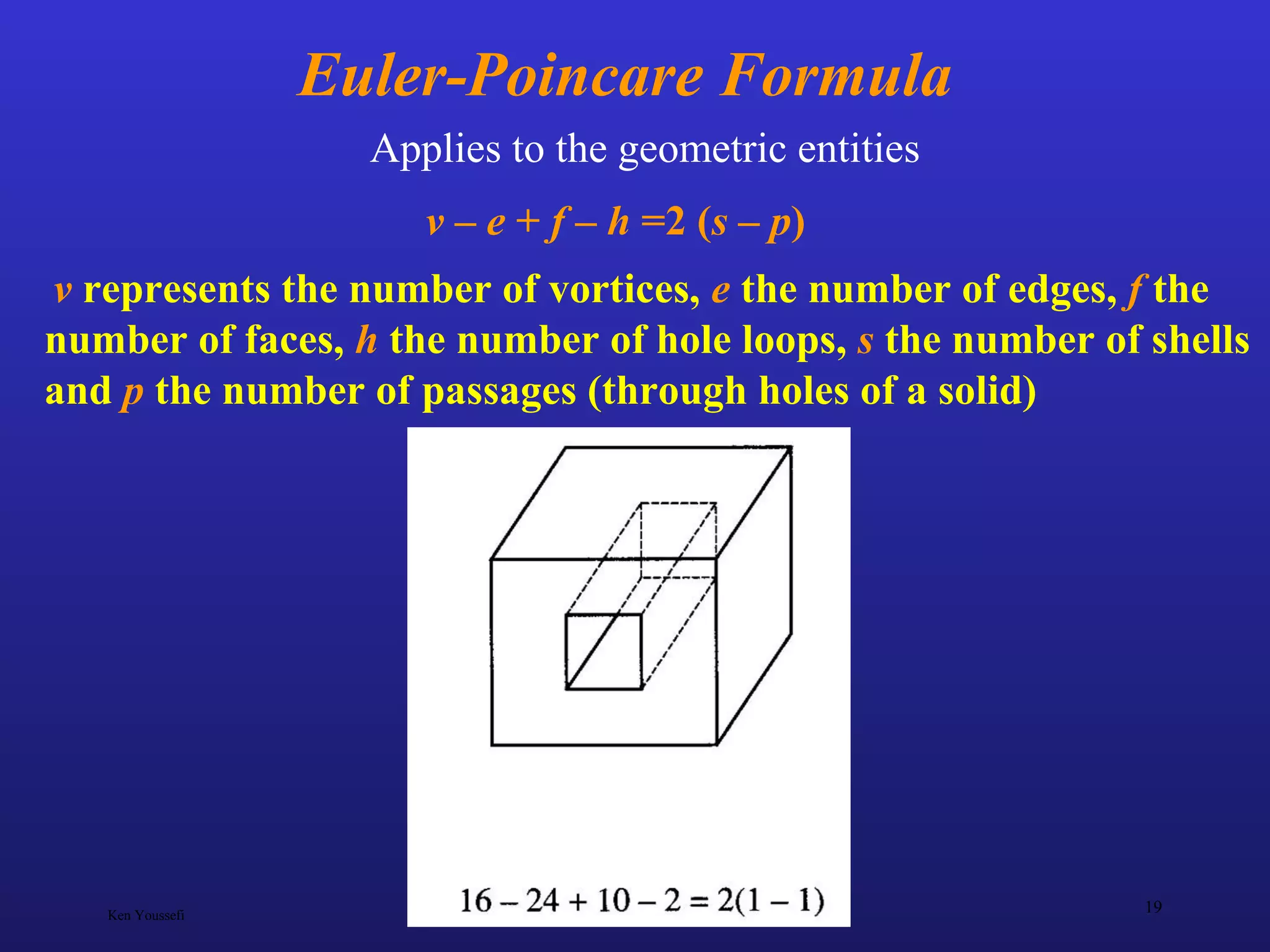 Ken Youssefi Mechanical Engineering Dept.
19
Euler-Poincare Formula
v – e + f – h =2 (s – p)
v represents the number of vortices, e the number of edges, f the
number of faces, h the number of hole loops, s the number of shells
and p the number of passages (through holes of a solid)
Applies to the geometric entities
 