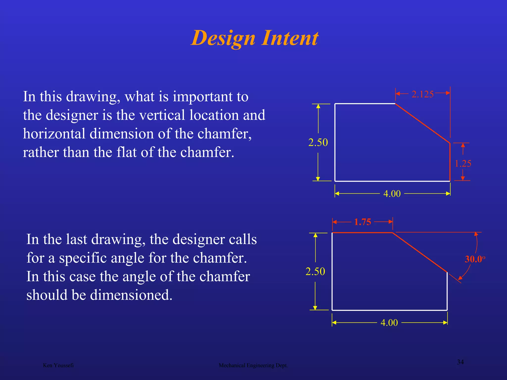 Ken Youssefi Mechanical Engineering Dept.
34
Design Intent
In this drawing, what is important to
the designer is the vertical location and
horizontal dimension of the chamfer,
rather than the flat of the chamfer.
2.50
4.00
1.25
2.125
In the last drawing, the designer calls
for a specific angle for the chamfer.
In this case the angle of the chamfer
should be dimensioned.
2.50
4.00
1.75
30.0O
 