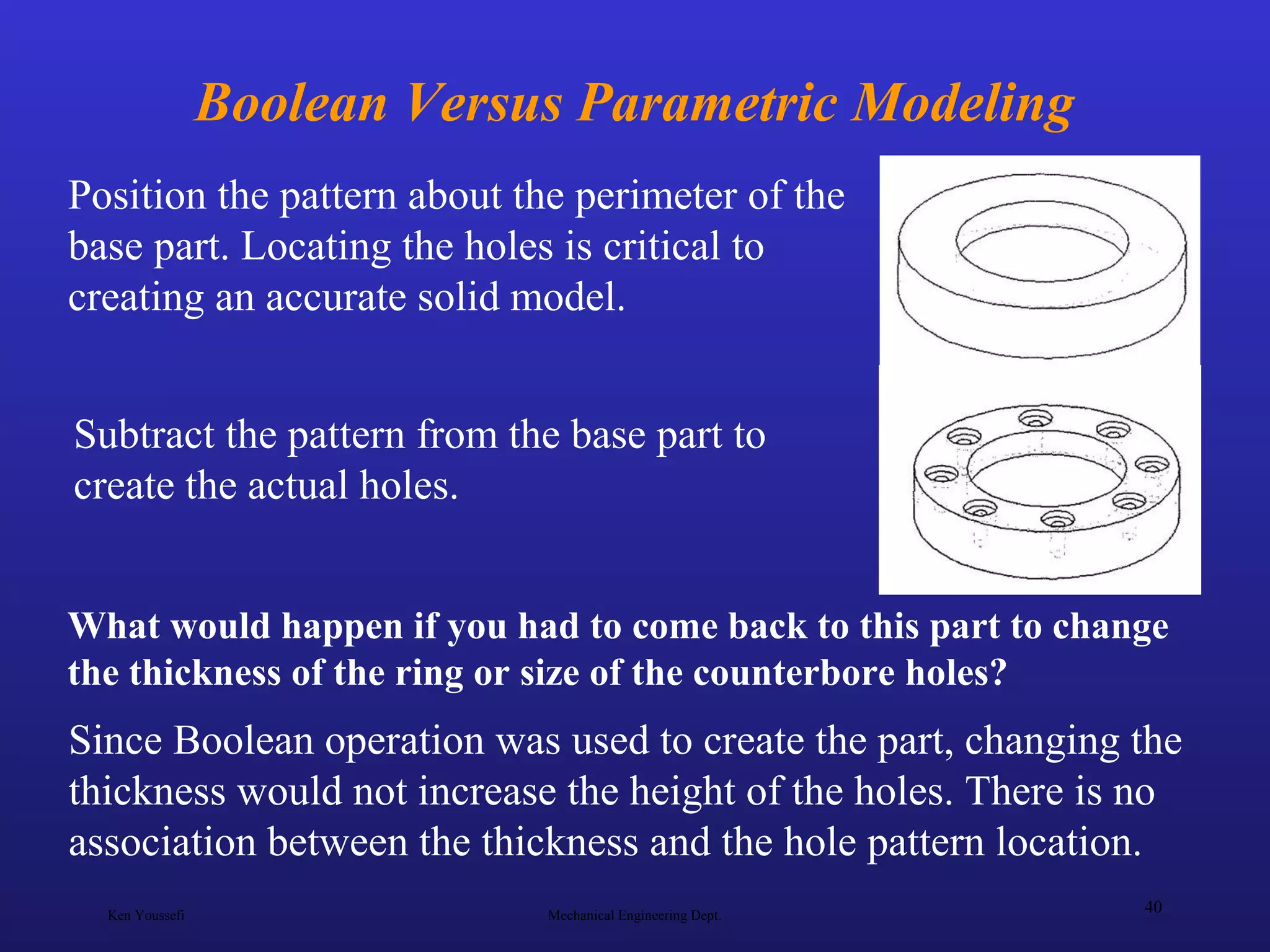 Ken Youssefi Mechanical Engineering Dept.
40
Boolean Versus Parametric Modeling
Position the pattern about the perimeter of the
base part. Locating the holes is critical to
creating an accurate solid model.
What would happen if you had to come back to this part to change
the thickness of the ring or size of the counterbore holes?
Since Boolean operation was used to create the part, changing the
thickness would not increase the height of the holes. There is no
association between the thickness and the hole pattern location.
Subtract the pattern from the base part to
create the actual holes.
 