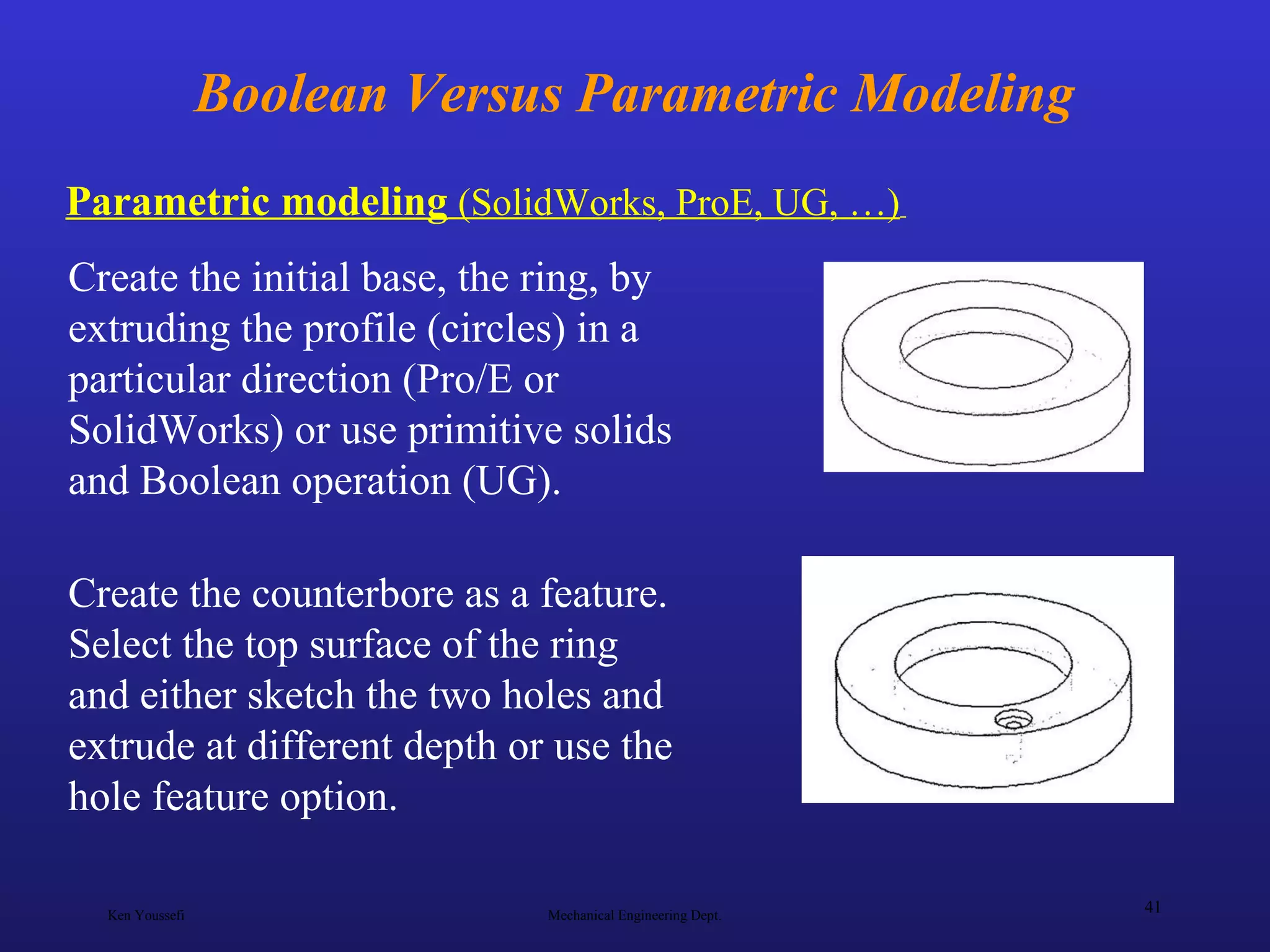 Ken Youssefi Mechanical Engineering Dept.
41
Boolean Versus Parametric Modeling
Parametric modeling (SolidWorks, ProE, UG, …)
Create the initial base, the ring, by
extruding the profile (circles) in a
particular direction (Pro/E or
SolidWorks) or use primitive solids
and Boolean operation (UG).
Create the counterbore as a feature.
Select the top surface of the ring
and either sketch the two holes and
extrude at different depth or use the
hole feature option.
 