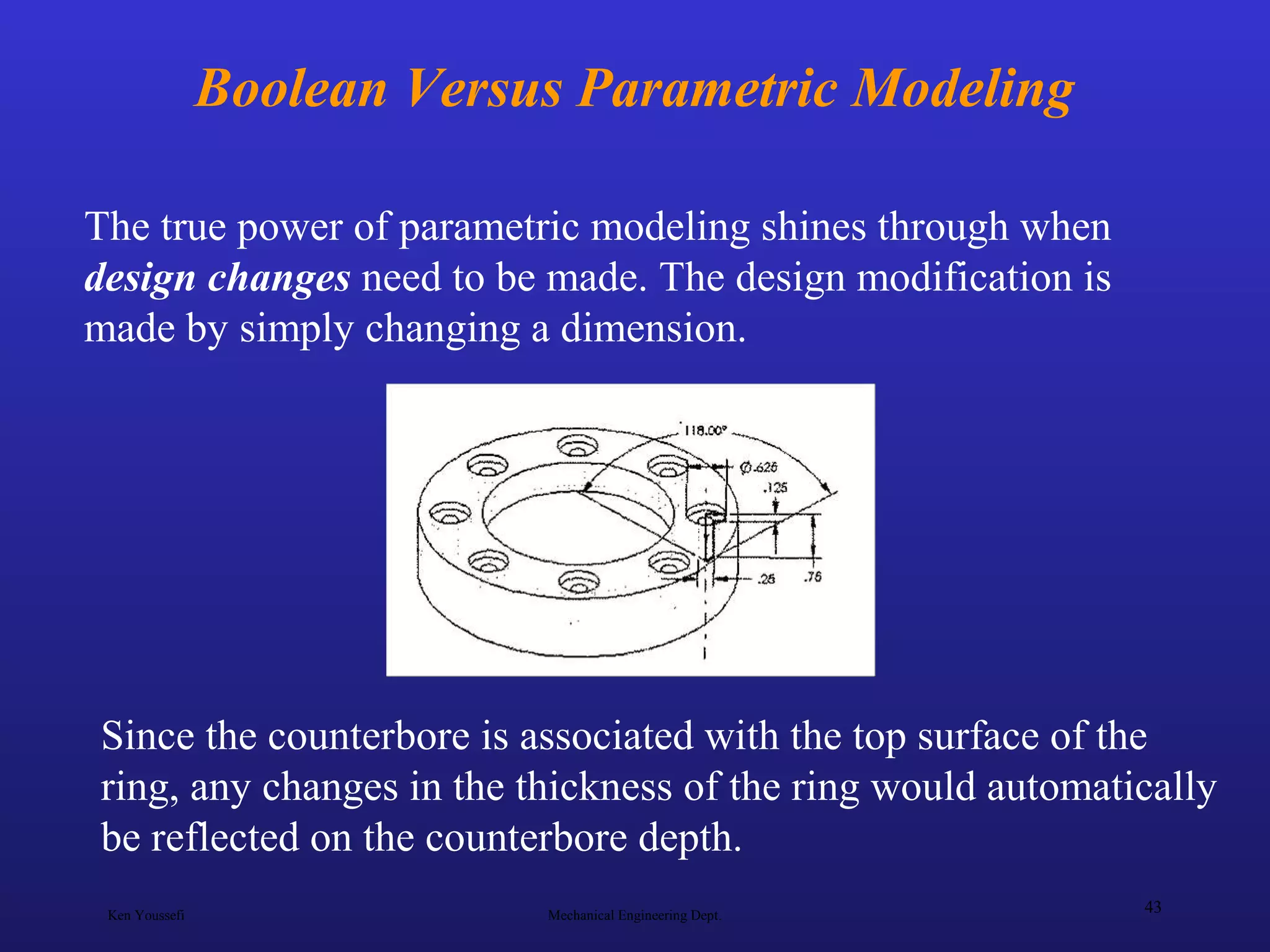 Ken Youssefi Mechanical Engineering Dept.
43
Boolean Versus Parametric Modeling
The true power of parametric modeling shines through when
design changes need to be made. The design modification is
made by simply changing a dimension.
Since the counterbore is associated with the top surface of the
ring, any changes in the thickness of the ring would automatically
be reflected on the counterbore depth.
 