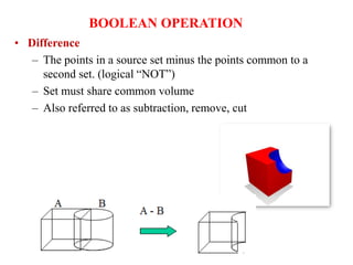 • Difference
– The points in a source set minus the points common to a
second set. (logical “NOT”)
– Set must share common volume
– Also referred to as subtraction, remove, cut
BOOLEAN OPERATION
 