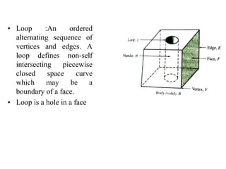 • Loop :An ordered
alternating sequence of
vertices and edges. A
loop defines non-self
intersecting piecewise
closed space curve
which may be a
boundary of a face.
• Loop is a hole in a face
 