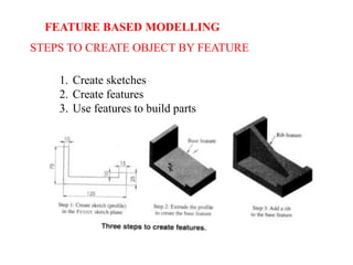 FEATURE BASED MODELLING
STEPS TO CREATE OBJECT BY FEATURE
1. Create sketches
2. Create features
3. Use features to build parts
 