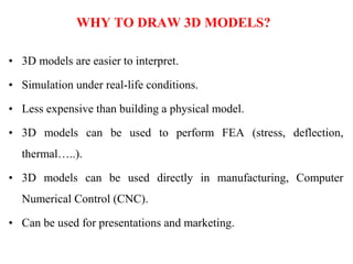 WHY TO DRAW 3D MODELS?
• 3D models are easier to interpret.
• Simulation under real-life conditions.
• Less expensive than building a physical model.
• 3D models can be used to perform FEA (stress, deflection,
thermal…..).
• 3D models can be used directly in manufacturing, Computer
Numerical Control (CNC).
• Can be used for presentations and marketing.
 