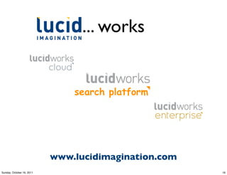 ... works


                               search platform




                           www.lucidimagination.com
Sunday, October 16, 2011                              16
 