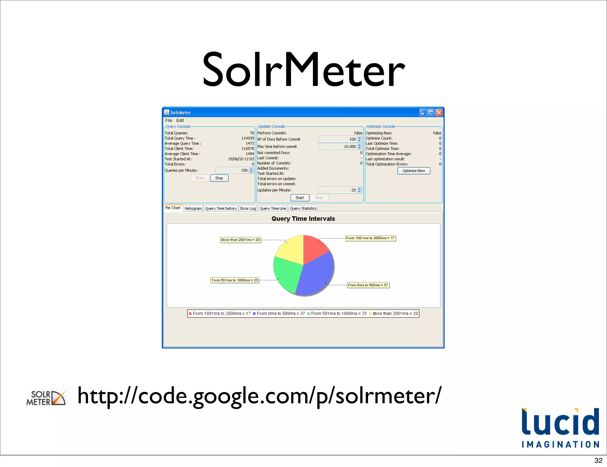 SolrMeter




http://code.google.com/p/solrmeter/

                                      32
 