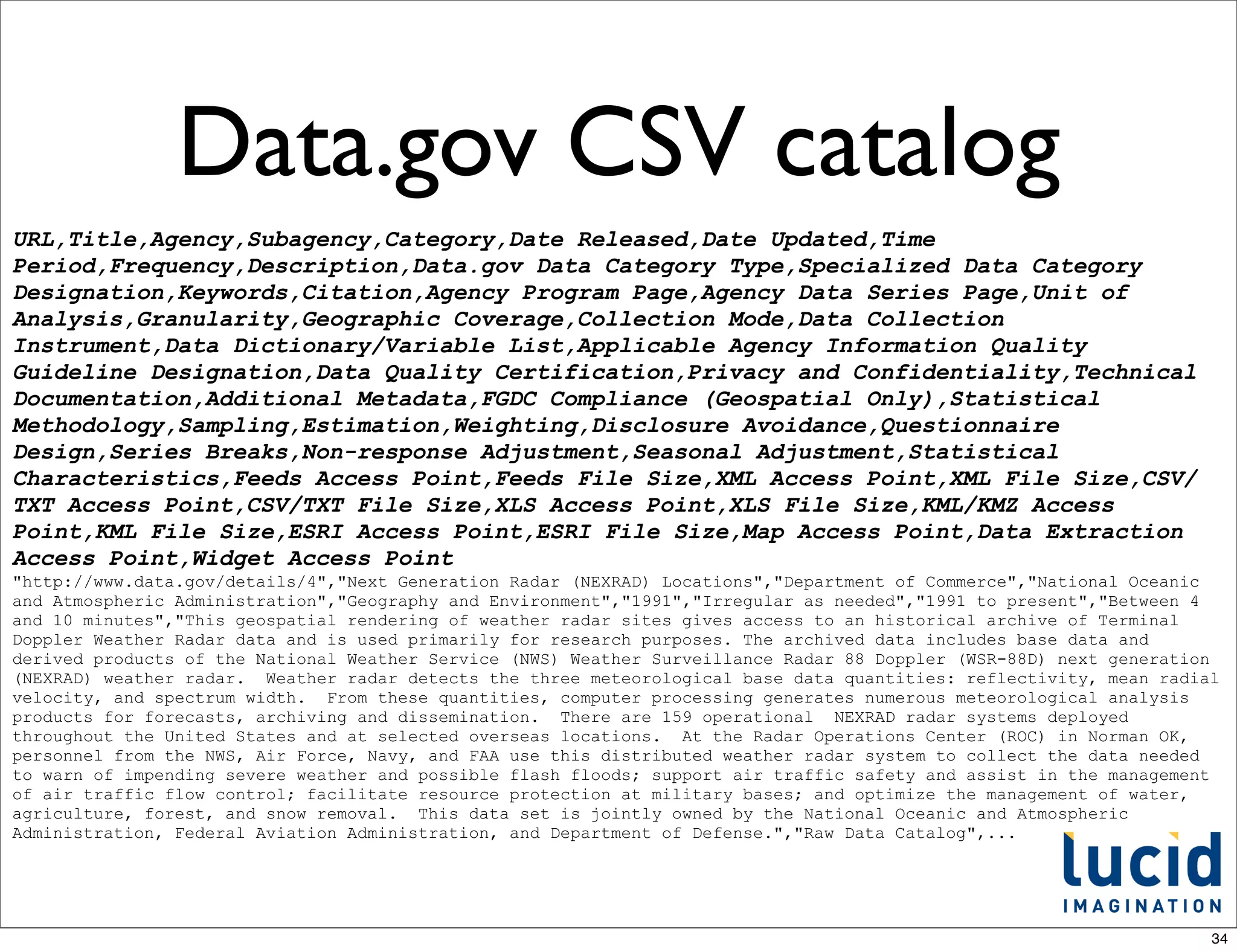 Data.gov CSV catalog
URL,Title,Agency,Subagency,Category,Date Released,Date Updated,Time
Period,Frequency,Description,Data.gov Data Category Type,Specialized Data Category
Designation,Keywords,Citation,Agency Program Page,Agency Data Series Page,Unit of
Analysis,Granularity,Geographic Coverage,Collection Mode,Data Collection
Instrument,Data Dictionary/Variable List,Applicable Agency Information Quality
Guideline Designation,Data Quality Certification,Privacy and Confidentiality,Technical
Documentation,Additional Metadata,FGDC Compliance (Geospatial Only),Statistical
Methodology,Sampling,Estimation,Weighting,Disclosure Avoidance,Questionnaire
Design,Series Breaks,Non-response Adjustment,Seasonal Adjustment,Statistical
Characteristics,Feeds Access Point,Feeds File Size,XML Access Point,XML File Size,CSV/
TXT Access Point,CSV/TXT File Size,XLS Access Point,XLS File Size,KML/KMZ Access
Point,KML File Size,ESRI Access Point,ESRI File Size,Map Access Point,Data Extraction
Access Point,Widget Access Point
"http://www.data.gov/details/4","Next Generation Radar (NEXRAD) Locations","Department of Commerce","National Oceanic
and Atmospheric Administration","Geography and Environment","1991","Irregular as needed","1991 to present","Between 4
and 10 minutes","This geospatial rendering of weather radar sites gives access to an historical archive of Terminal
Doppler Weather Radar data and is used primarily for research purposes. The archived data includes base data and
derived products of the National Weather Service (NWS) Weather Surveillance Radar 88 Doppler (WSR-88D) next generation
(NEXRAD) weather radar. Weather radar detects the three meteorological base data quantities: reflectivity, mean radial
velocity, and spectrum width. From these quantities, computer processing generates numerous meteorological analysis
products for forecasts, archiving and dissemination. There are 159 operational NEXRAD radar systems deployed
throughout the United States and at selected overseas locations. At the Radar Operations Center (ROC) in Norman OK,
personnel from the NWS, Air Force, Navy, and FAA use this distributed weather radar system to collect the data needed
to warn of impending severe weather and possible flash floods; support air traffic safety and assist in the management
of air traffic flow control; facilitate resource protection at military bases; and optimize the management of water,
agriculture, forest, and snow removal. This data set is jointly owned by the National Oceanic and Atmospheric
Administration, Federal Aviation Administration, and Department of Defense.","Raw Data Catalog",...




                                                                                                                     34
 