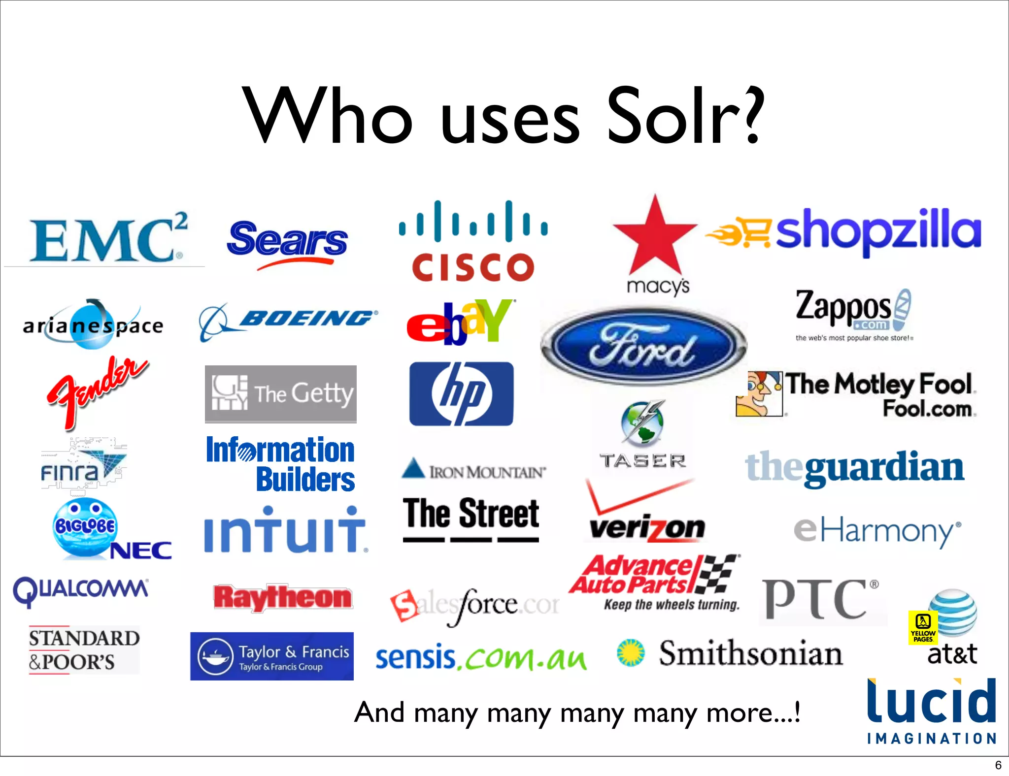 Who uses Solr?




  And many many many many more...!
                                     6
 