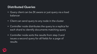 Distributed Queries 
• Query client can be ZK aware or just query via a load 
balancer 
• Client can send query to any node in the cluster 
• Controller node distributes the query to a replica for 
each shard to identify documents matching query 
• Controller node sorts the results from step 3 and 
issues a second query for all fields for a page of 
results 
 