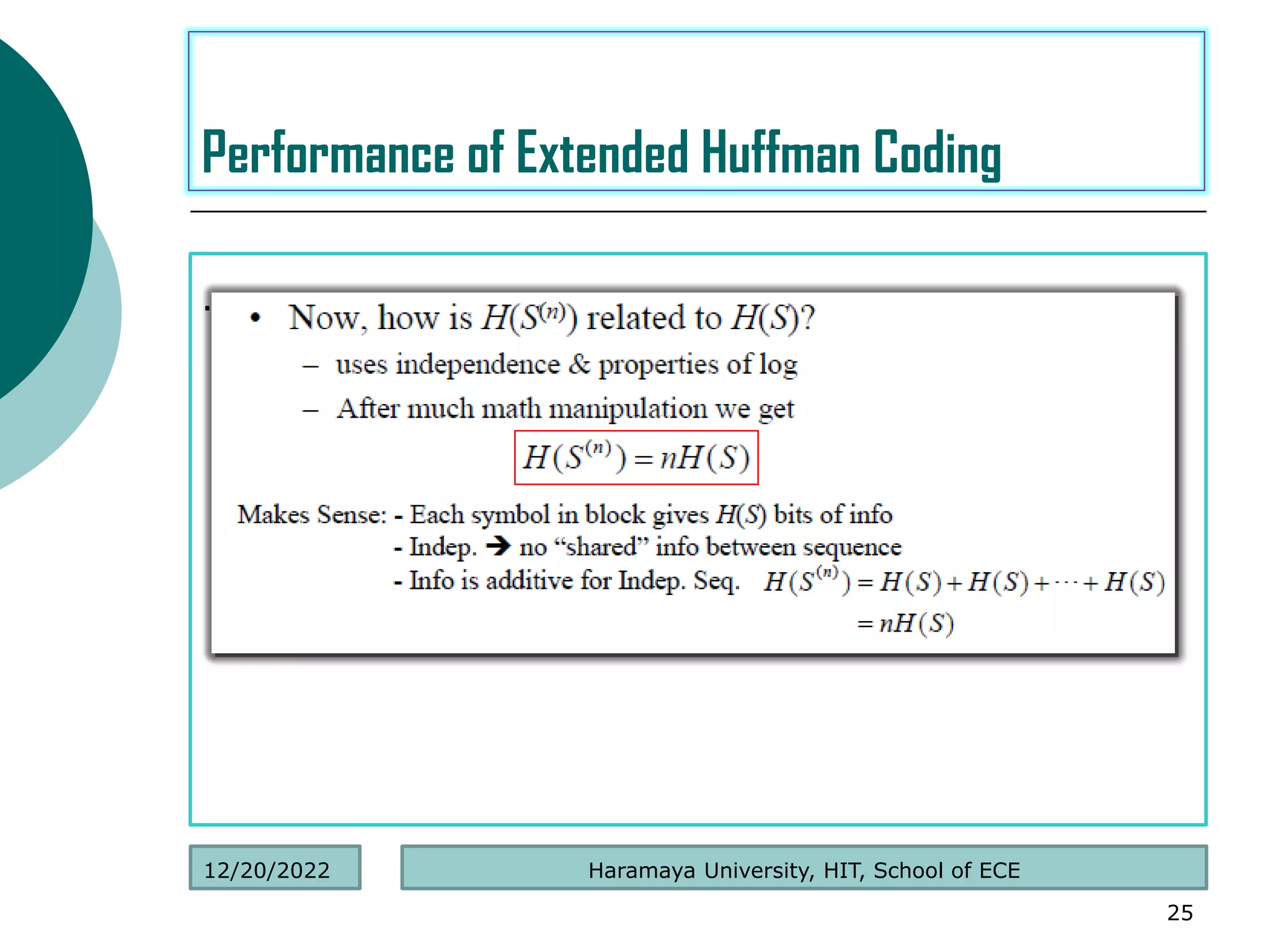 .
25
Performance of Extended Huffman Coding
Haramaya University, HIT, School of ECE
12/20/2022
 
