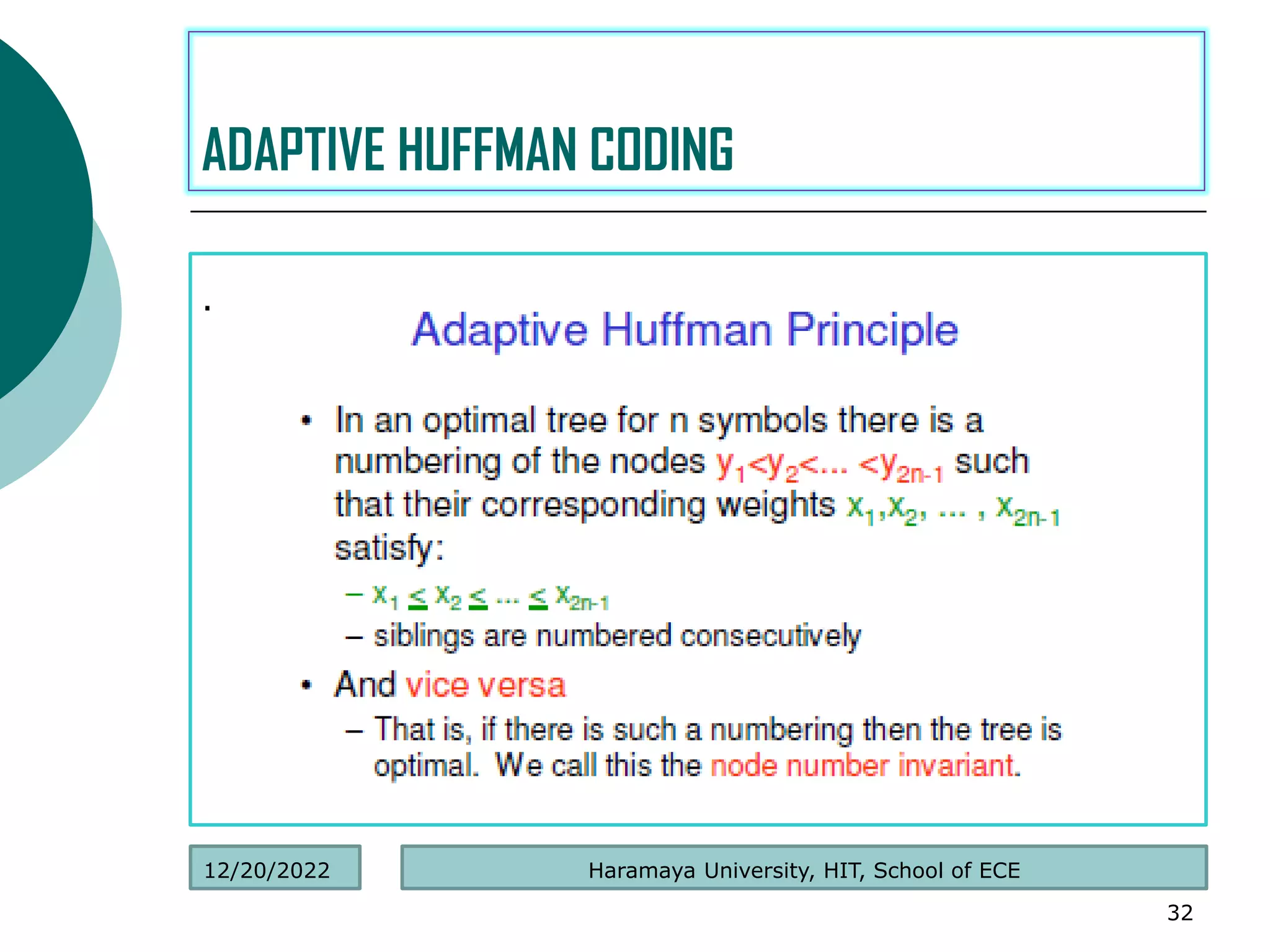 .
32
ADAPTIVE HUFFMAN CODING
Haramaya University, HIT, School of ECE
12/20/2022
 