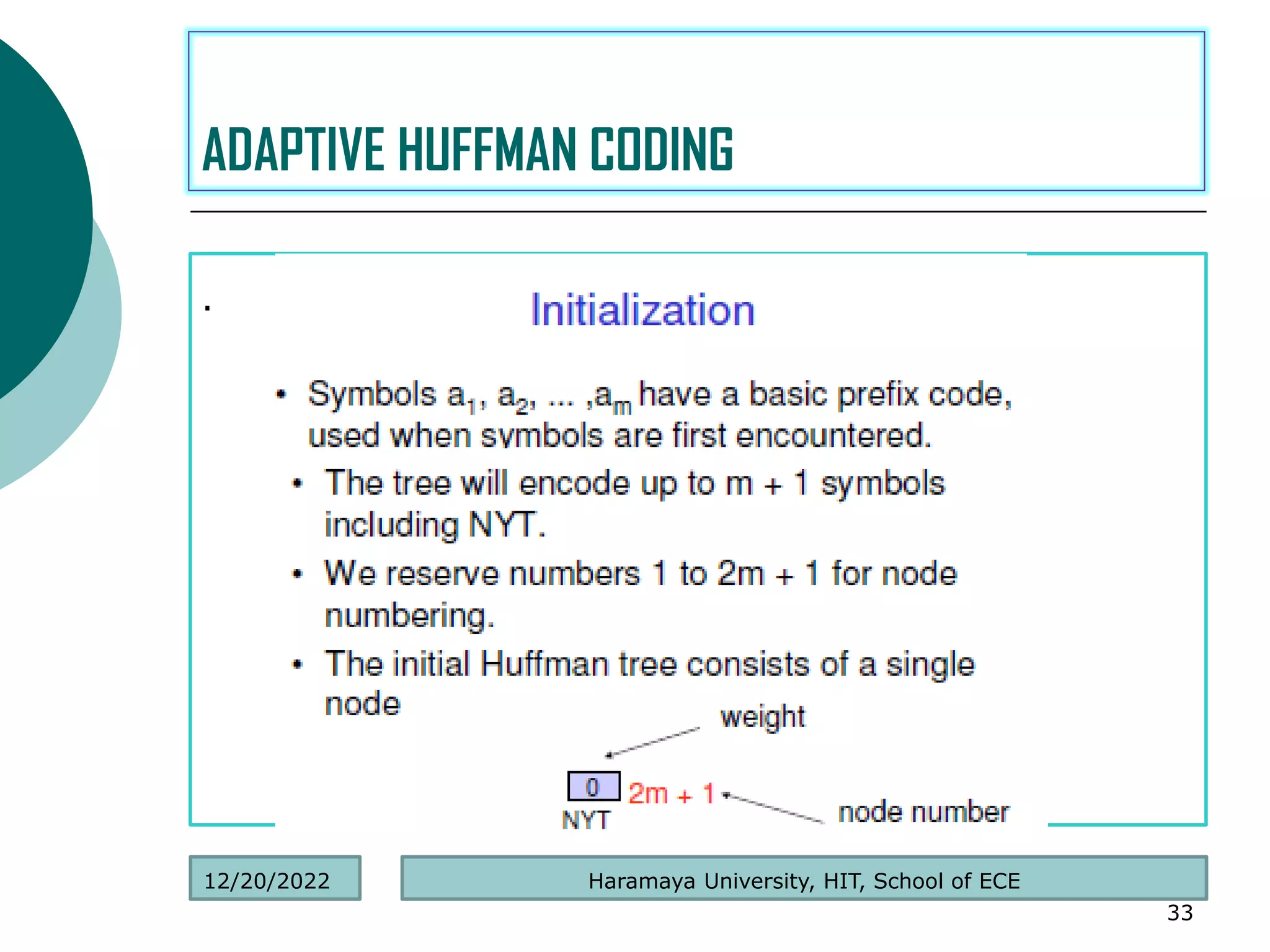 .
33
ADAPTIVE HUFFMAN CODING
Haramaya University, HIT, School of ECE
12/20/2022
 