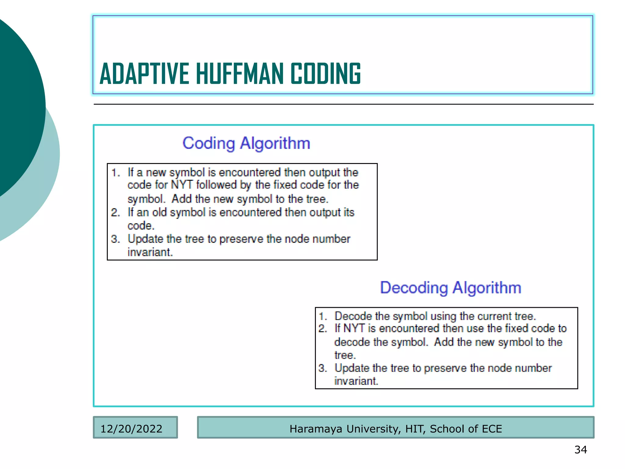 .
34
ADAPTIVE HUFFMAN CODING
Haramaya University, HIT, School of ECE
12/20/2022
 