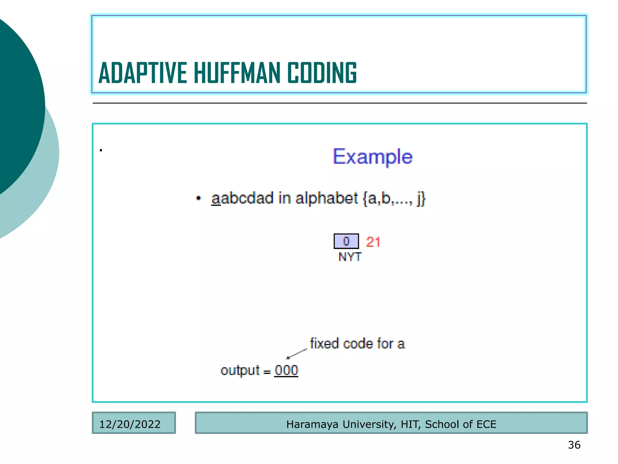 .
36
ADAPTIVE HUFFMAN CODING
Haramaya University, HIT, School of ECE
12/20/2022
 