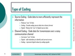 Type of Coding
 Source Coding - Code data to more efficiently represent the
information
 Reduces “size” of data
 Analog - Encode analog source data into a binary format
 Digital - Reduce the “size” of digital source data
 Channel Coding - Code data for transmission over a noisy
communication channel
 Increases “size” of data
 Digital - add redundancy to identify and correct errors
 Analog - represent digital values by analog signals
Haramaya
University,
HIT,
School
of
ECE
6 Haramaya University, HIT, School of ECE
12/20/2022
 
