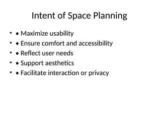 Intent of Space Planning
• • Maximize usability
• • Ensure comfort and accessibility
• • Reflect user needs
• • Support aesthetics
• • Facilitate interaction or privacy
 