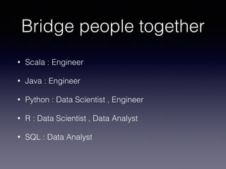 Bridge people together 
• Scala : Engineer 
• Java : Engineer 
• Python : Data Scientist , Engineer 
• R : Data Scientist , Data Analyst 
• SQL : Data Analyst 
 
