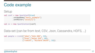 @doanduyhai
Code example!
17
Setup
Data-set (can be from text, CSV, Json, Cassandra, HDFS, …)
val$conf$=$new$SparkConf(true)$
$ .setAppName("basic_example")$
$ .setMaster("local[3]")$
$
val$sc$=$new$SparkContext(conf)$
val$people$=$List(("jdoe","John$DOE",$33),$
$$$$$$$$$$$$$$$$$$("hsue","Helen$SUE",$24),$
$$$$$$$$$$$$$$$$$$("rsmith",$"Richard$Smith",$33))$
 