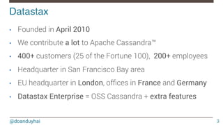 @doanduyhai
Datastax!
3
•  Founded in April 2010 
•  We contribute a lot to Apache Cassandra™
•  400+ customers (25 of the Fortune 100), 200+ employees
•  Headquarter in San Francisco Bay area
•  EU headquarter in London, ofﬁces in France and Germany
•  Datastax Enterprise = OSS Cassandra + extra features
 