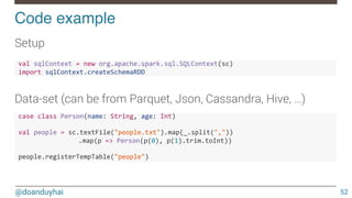 @doanduyhai
Code example!
52
Setup

Data-set (can be from Parquet, Json, Cassandra, Hive, …)
!val!sqlContext!=!new!org.apache.spark.sql.SQLContext(sc)!
!import!sqlContext.createSchemaRDD!
!case!class!Person(name:!String,!age:!Int)!
!
!val!people!=!sc.textFile("people.txt").map(_.split(","))!
! ! .map(p!=>!Person(p(0),!p(1).trim.toInt))!
!
!people.registerTempTable("people")!
 