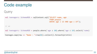 @doanduyhai
Code example!
53
Query
!val!teenagers:!SchemaRDD!=!sqlContext.sql("SELECT!name,!age!
!! ! ! ! ! !!FROM!people!
! ! ! ! ! !!WHERE!age!≥!13!AND!age!≤!19");!
!
!//!or!
!!
!val!teenagers:!SchemaRDD!=!people.where('age!≥!10).where('age!≤!19).select('name)!
!
!teenages.map(row!=>!"Name!:!"+row(0)).collect().foreach(println)!
 