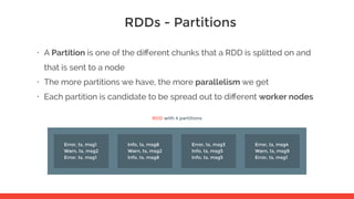 RDDs - Partitions
• A Partition is one of the diﬀerent chunks that a RDD is splitted on and
that is sent to a node
• The more partitions we have, the more parallelism we get
• Each partition is candidate to be spread out to diﬀerent worker nodes
Error, ts, msg1
Warn, ts, msg2
Error, ts, msg1
Info, ts, msg8
Warn, ts, msg2
Info, ts, msg8
Error, ts, msg3
Info, ts, msg5
Info, ts, msg5
Error, ts, msg4
Warn, ts, msg9
Error, ts, msg1
RDD with 4 partitions
 