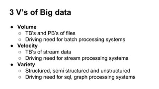 3 V’s of Big data
● Volume
○ TB’s and PB’s of files
○ Driving need for batch processing systems
● Velocity
○ TB’s of stream data
○ Driving need for stream processing systems
● Variety
○ Structured, semi structured and unstructured
○ Driving need for sql, graph processing systems
 