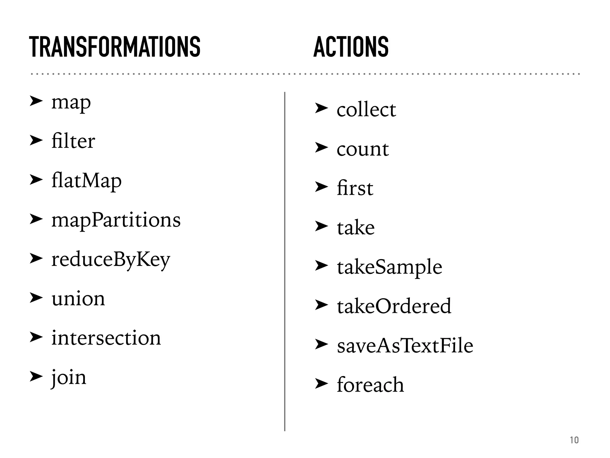 TRANSFORMATIONS ACTIONS
➤ map
➤ ﬁlter
➤ ﬂatMap
➤ mapPartitions
➤ reduceByKey
➤ union
➤ intersection
➤ join
10
➤ collect
➤ count
➤ ﬁrst
➤ take
➤ takeSample
➤ takeOrdered
➤ saveAsTextFile
➤ foreach
 