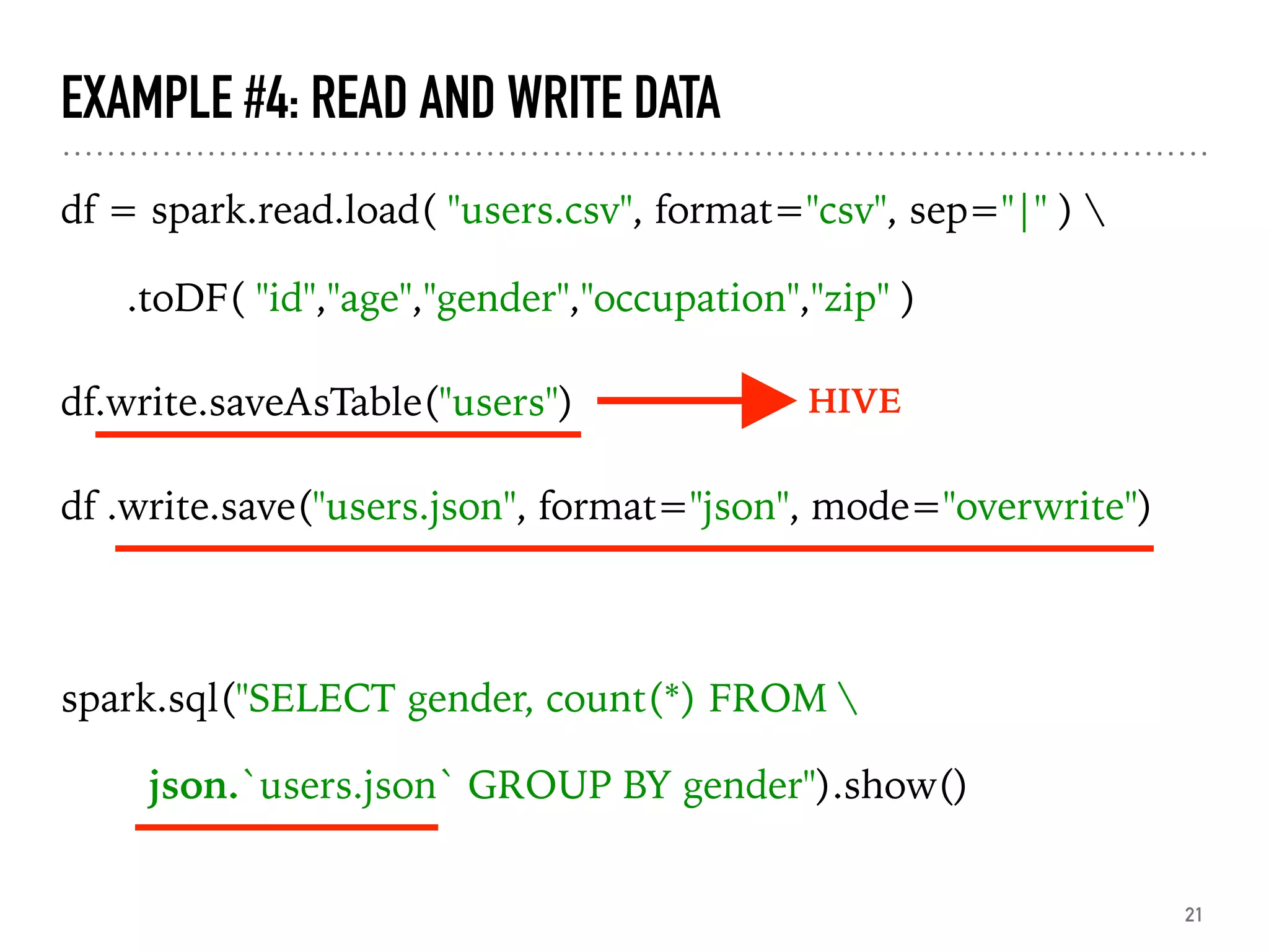 EXAMPLE #4: READ AND WRITE DATA
df = spark.read.load( "users.csv", format="csv", sep="|" ) 
.toDF( "id","age","gender","occupation","zip" )
df.write.saveAsTable("users")
df .write.save("users.json", format="json", mode="overwrite")
spark.sql("SELECT gender, count(*) FROM 
json.`users.json` GROUP BY gender").show()
21
HIVE
 