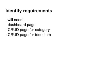 Identify requirements
I will need:
- dashboard page
- CRUD page for category
- CRUD page for todo item
 