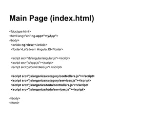 Main Page (index.html)
<!doctype html>
<html lang="en" ng-app="myApp">
<body>
<article ng-view></article>
<footer>Let's learn AngularJS</footer>
<script src="lib/angular/angular.js"></script>
<script src="js/app.js"></script>
<script src="js/controllers.js"></script>
<script src="js/organize/category/controllers.js"></script>
<script src="js/organize/category/services.js"></script>
<script src="js/organize/todo/controllers.js"></script>
<script src="js/organize/todo/services.js"></script>
</body>
</html>
 
