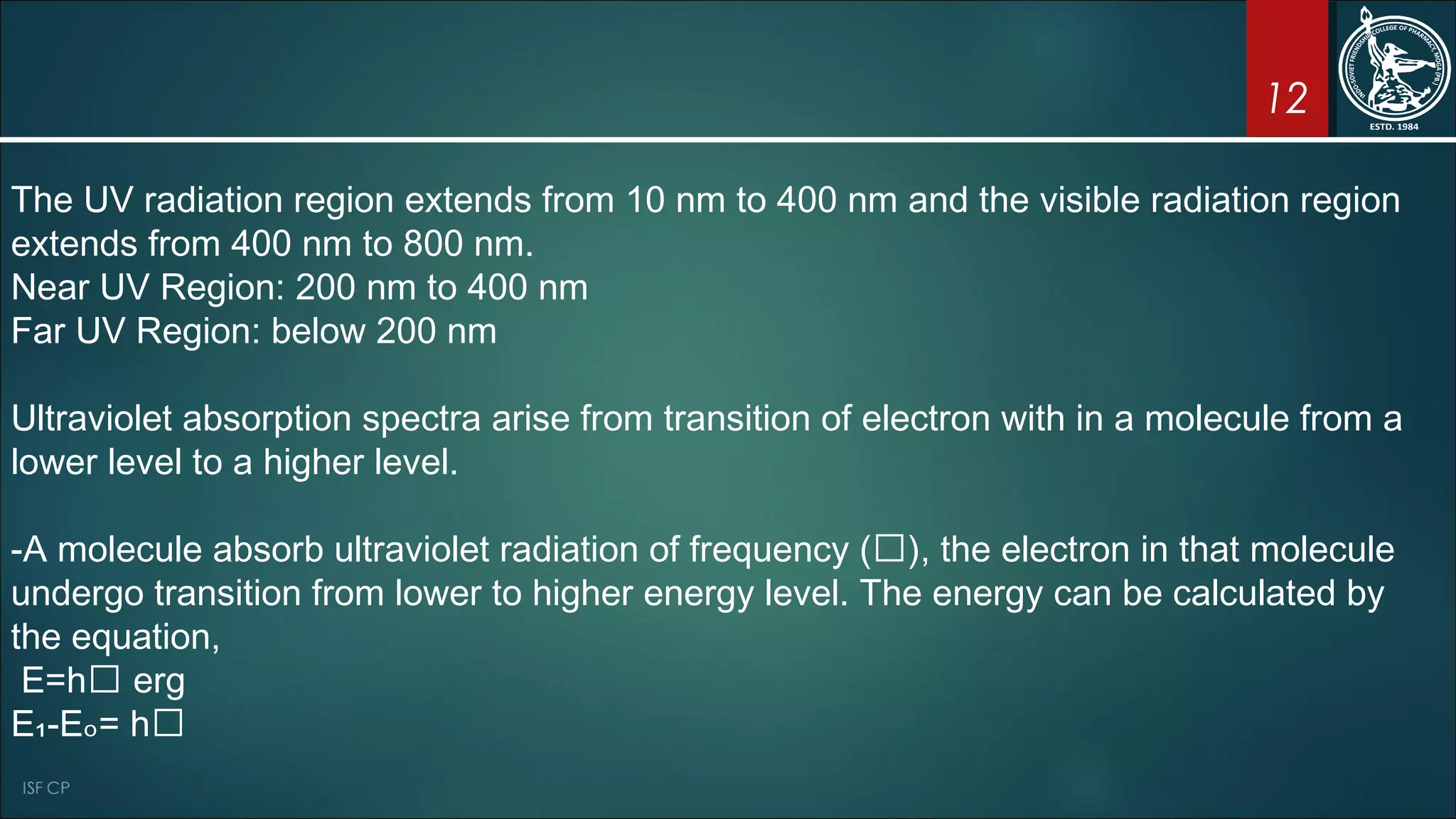 12
The UV radiation region extends from 10 nm to 400 nm and the visible radiation region
extends from 400 nm to 800 nm.
Near UV Region: 200 nm to 400 nm
Far UV Region: below 200 nm
Ultraviolet absorption spectra arise from transition of electron with in a molecule from a
lower level to a higher level.
-A molecule absorb ultraviolet radiation of frequency (𝜗), the electron in that molecule
undergo transition from lower to higher energy level. The energy can be calculated by
the equation,
E=h𝜗 erg
E₁-E = h𝜗ₒ
 