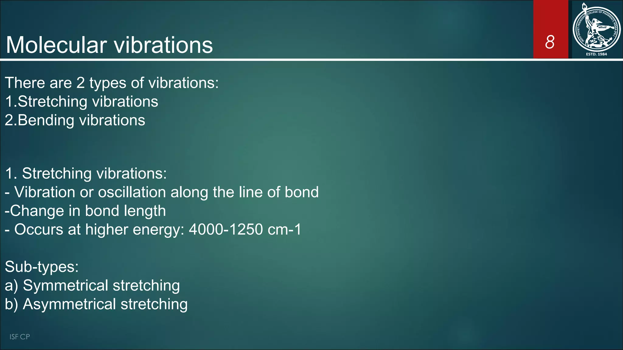 8
There are 2 types of vibrations:
1.Stretching vibrations
2.Bending vibrations
Molecular vibrations
1. Stretching vibrations:
- Vibration or oscillation along the line of bond
-Change in bond length
- Occurs at higher energy: 4000-1250 cm-1
Sub-types:
a) Symmetrical stretching
b) Asymmetrical stretching
 