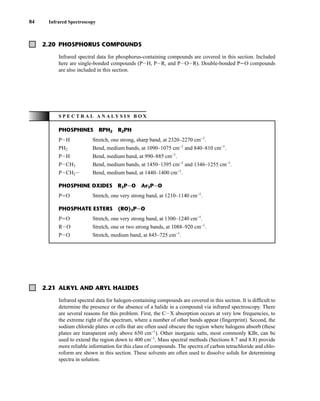 84 Infrared Spectroscopy
2.21 ALKYL AND ARYL HALIDES
Infrared spectral data for halogen-containing compounds are covered in this section. It is difficult to
determine the presence or the absence of a halide in a compound via infrared spectroscopy. There
are several reasons for this problem. First, the CIX absorption occurs at very low frequencies, to
the extreme right of the spectrum, where a number of other bands appear (fingerprint). Second, the
sodium chloride plates or cells that are often used obscure the region where halogens absorb (these
plates are transparent only above 650 cm−1
). Other inorganic salts, most commonly KBr, can be
used to extend the region down to 400 cm−1
. Mass spectral methods (Sections 8.7 and 8.8) provide
more reliable information for this class of compounds. The spectra of carbon tetrachloride and chlo-
roform are shown in this section. These solvents are often used to dissolve solids for determining
spectra in solution.
2.20 PHOSPHORUS COMPOUNDS
Infrared spectral data for phosphorus-containing compounds are covered in this section. Included
here are single-bonded compounds (PIH, PIR, and PIOIR). Double-bonded PJO compounds
are also included in this section.
S P E C T R A L A N A L Y S I S B O X
PHOSPHINES RPH2 R2PH
PIH Stretch, one strong, sharp band, at 2320–2270 cm−1
.
PH2 Bend, medium bands, at 1090–1075 cm−1
and 840–810 cm−1
.
PIH Bend, medium band, at 990–885 cm−1
.
PICH3 Bend, medium bands, at 1450–1395 cm−1
and 1346–1255 cm−1
.
PICH2I Bend, medium band, at 1440–1400 cm−1
.
PHOSPHINE OXIDES R3PJO Ar3PJO
PJO Stretch, one very strong band, at 1210–1140 cm−1
.
PHOSPHATE ESTERS (RO)3PJO
PJO Stretch, one very strong band, at 1300–1240 cm−1
.
RIO Stretch, one or two strong bands, at 1088–920 cm−1
.
PIO Stretch, medium band, at 845–725 cm−1
.
14782_02_Ch2_p015-104.pp2.qxd 1/25/08 10:27 AM Page 84
 