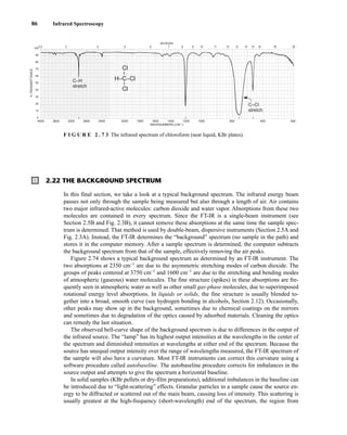 In this final section, we take a look at a typical background spectrum. The infrared energy beam
passes not only through the sample being measured but also through a length of air. Air contains
two major infrared-active molecules: carbon dioxide and water vapor. Absorptions from these two
molecules are contained in every spectrum. Since the FT-IR is a single-beam instrument (see
Section 2.5B and Fig. 2.3B), it cannot remove these absorptions at the same time the sample spec-
trum is determined. That method is used by double-beam, dispersive instruments (Section 2.5A and
Fig. 2.3A). Instead, the FT-IR determines the “background” spectrum (no sample in the path) and
stores it in the computer memory. After a sample spectrum is determined, the computer subtracts
the background spectrum from that of the sample, effectively removing the air peaks.
Figure 2.74 shows a typical background spectrum as determined by an FT-IR instrument. The
two absorptions at 2350 cm−1
are due to the asymmetric stretching modes of carbon dioxide. The
groups of peaks centered at 3750 cm−1
and 1600 cm−1
are due to the stretching and bending modes
of atmospheric (gaseous) water molecules. The fine structure (spikes) in these absorptions are fre-
quently seen in atmospheric water as well as other small gas-phase molecules, due to superimposed
rotational energy level absorptions. In liquids or solids, the fine structure is usually blended to-
gether into a broad, smooth curve (see hydrogen bonding in alcohols, Section 2.12). Occasionally,
other peaks may show up in the background, sometimes due to chemical coatings on the mirrors
and sometimes due to degradation of the optics caused by adsorbed materials. Cleaning the optics
can remedy the last situation.
The observed bell-curve shape of the background spectrum is due to differences in the output of
the infrared source. The “lamp” has its highest output intensities at the wavelengths in the center of
the spectrum and diminished intensities at wavelengths at either end of the spectrum. Because the
source has unequal output intensity over the range of wavelengths measured, the FT-IR spectrum of
the sample will also have a curvature. Most FT-IR instruments can correct this curvature using a
software procedure called autobaseline. The autobaseline procedure corrects for imbalances in the
source output and attempts to give the spectrum a horizontal baseline.
In solid samples (KBr pellets or dry-film preparations), additional imbalances in the baseline can
be introduced due to “light-scattering” effects. Granular particles in a sample cause the source en-
ergy to be diffracted or scattered out of the main beam, causing loss of intensity. This scattering is
usually greatest at the high-frequency (short-wavelength) end of the spectrum, the region from
86 Infrared Spectroscopy
4000 3600 3200 2800 2400 2000 1800 1600 1400 1200 1000 800 600 400
WAVENUMBERS (CM–1)
2.5 3 4 5 6 7 8 9 10 11 12 13 14 15 16 19 25
100
90
80
70
60
50
40
30
20
10
0
MICRONS
%
TRANSMITTANCE
H–C–Cl
Cl
–
–
Cl
C–Cl
stretch
C–H
stretch
F I G U R E 2 . 7 3 The infrared spectrum of chloroform (neat liquid, KBr plates).
2.22 THE BACKGROUND SPECTRUM
14782_02_Ch2_p015-104.pp2.qxd 1/25/08 10:27 AM Page 86
 