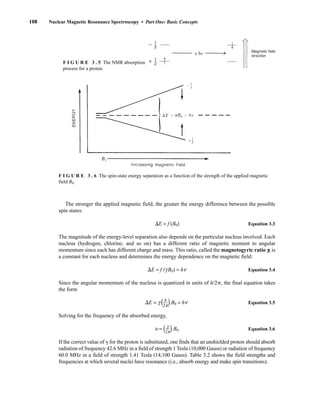 The stronger the applied magnetic field, the greater the energy difference between the possible
spin states:
E = f (B0) Equation 3.3
The magnitude of the energy-level separation also depends on the particular nucleus involved. Each
nucleus (hydrogen, chlorine, and so on) has a different ratio of magnetic moment to angular
momentum since each has different charge and mass. This ratio, called the magnetogyric ratio g, is
a constant for each nucleus and determines the energy dependence on the magnetic field:
E = f (gB0) = hn Equation 3.4
Since the angular momentum of the nucleus is quantized in units of h/2, the final equation takes
the form
E = g (⎯
2
h
p
⎯)B0 = hn Equation 3.5
Solving for the frequency of the absorbed energy,
u = (⎯
2
g
p
⎯)B0 Equation 3.6
If the correct value of  for the proton is substituted, one finds that an unshielded proton should absorb
radiation of frequency 42.6 MHz in a field of strength 1 Tesla (10,000 Gauss) or radiation of frequency
60.0 MHz in a field of strength 1.41 Tesla (14,100 Gauss). Table 3.2 shows the field strengths and
frequencies at which several nuclei have resonance (i.e., absorb energy and make spin transitions).
108 Nuclear Magnetic Resonance Spectroscopy • Part One: Basic Concepts
F I G U R E 3 . 5 The NMR absorption
process for a proton.
F I G U R E 3 . 6 The spin-state energy separation as a function of the strength of the applied magnetic
field B0.
14782_03_Ch3_p105-176.pp2.qxd 2/1/08 10:56 PM Page 108
 