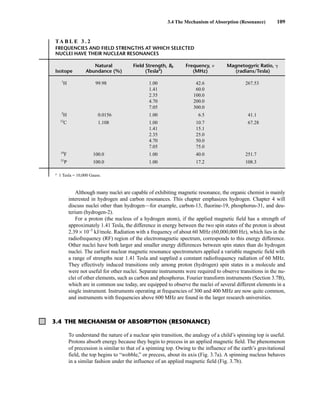 3.4 The Mechanism of Absorption (Resonance) 109
Although many nuclei are capable of exhibiting magnetic resonance, the organic chemist is mainly
interested in hydrogen and carbon resonances. This chapter emphasizes hydrogen. Chapter 4 will
discuss nuclei other than hydrogen—for example, carbon-13, fluorine-19, phosphorus-31, and deu-
terium (hydrogen-2).
For a proton (the nucleus of a hydrogen atom), if the applied magnetic field has a strength of
approximately 1.41 Tesla, the difference in energy between the two spin states of the proton is about
2.39 × 10−5
kJ/mole. Radiation with a frequency of about 60 MHz (60,000,000 Hz), which lies in the
radiofrequency (RF) region of the electromagnetic spectrum, corresponds to this energy difference.
Other nuclei have both larger and smaller energy differences between spin states than do hydrogen
nuclei. The earliest nuclear magnetic resonance spectrometers applied a variable magnetic field with
a range of strengths near 1.41 Tesla and supplied a constant radiofrequency radiation of 60 MHz.
They effectively induced transitions only among proton (hydrogen) spin states in a molecule and
were not useful for other nuclei. Separate instruments were required to observe transitions in the nu-
clei of other elements, such as carbon and phosphorus. Fourier transform instruments (Section 3.7B),
which are in common use today, are equipped to observe the nuclei of several different elements in a
single instrument. Instruments operating at frequencies of 300 and 400 MHz are now quite common,
and instruments with frequencies above 600 MHz are found in the larger research universities.
TA B L E 3 . 2
FREQUENCIES AND FIELD STRENGTHS AT WHICH SELECTED
NUCLEI HAVE THEIR NUCLEAR RESONANCES
Natural Field Strength, B0 Frequency,  Magnetogyric Ratio, 
Isotope Abundance (%) (Teslaa
) (MHz) (radians/Tesla)
1
H 99.98 1.00 42.6 267.53
1.41 60.0
2.35 100.0
4.70 200.0
7.05 300.0
2
H 0.0156 1.00 6.5 41.1
13
C 1.108 1.00 10.7 67.28
1.41 15.1
2.35 25.0
4.70 50.0
7.05 75.0
19
F 100.0 1.00 40.0 251.7
31
P 100.0 1.00 17.2 108.3
a
1 Tesla = 10,000 Gauss.
3.4 THE MECHANISM OF ABSORPTION (RESONANCE)
To understand the nature of a nuclear spin transition, the analogy of a child’s spinning top is useful.
Protons absorb energy because they begin to precess in an applied magnetic field. The phenomenon
of precession is similar to that of a spinning top. Owing to the influence of the earth’s gravitational
field, the top begins to “wobble,” or precess, about its axis (Fig. 3.7a). A spinning nucleus behaves
in a similar fashion under the influence of an applied magnetic field (Fig. 3.7b).
14782_03_Ch3_p105-176.pp2.qxd 2/1/08 10:56 PM Page 109
 