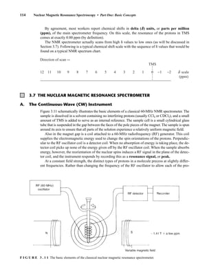 By agreement, most workers report chemical shifts in delta (d) units, or parts per million
(ppm), of the main spectrometer frequency. On this scale, the resonance of the protons in TMS
comes at exactly 0.00 ppm (by definition).
The NMR spectrometer actually scans from high  values to low ones (as will be discussed in
Section 3.7). Following is a typical chemical shift scale with the sequence of  values that would be
found on a typical NMR spectrum chart.
Direction of scan
12 10 8 6
11 9 7 5 4 3 1
TMS
−1
2 0 scale
(ppm)
−2 δ
114 Nuclear Magnetic Resonance Spectroscopy • Part One: Basic Concepts
3.7 THE NUCLEAR MAGNETIC RESONANCE SPECTROMETER
Figure 3.11 schematically illustrates the basic elements of a classical 60-MHz NMR spectrometer. The
sample is dissolved in a solvent containing no interfering protons (usually CCl4 or CDCl3), and a small
amount of TMS is added to serve as an internal reference. The sample cell is a small cylindrical glass
tube that is suspended in the gap between the faces of the pole pieces of the magnet. The sample is spun
around its axis to ensure that all parts of the solution experience a relatively uniform magnetic field.
Also in the magnet gap is a coil attached to a 60-MHz radiofrequency (RF) generator. This coil
supplies the electromagnetic energy used to change the spin orientations of the protons. Perpendic-
ular to the RF oscillator coil is a detector coil. When no absorption of energy is taking place, the de-
tector coil picks up none of the energy given off by the RF oscillator coil. When the sample absorbs
energy, however, the reorientation of the nuclear spins induces a RF signal in the plane of the detec-
tor coil, and the instrument responds by recording this as a resonance signal, or peak.
At a constant field strength, the distinct types of protons in a molecule precess at slightly differ-
ent frequencies. Rather than changing the frequency of the RF oscillator to allow each of the pro-
A. The Continuous-Wave (CW) Instrument
F I G U R E 3 . 1 1 The basic elements of the classical nuclear magnetic resonance spectrometer.
14782_03_Ch3_p105-176.pp2.qxd 2/1/08 10:56 PM Page 114
 