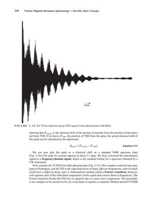 118 Nuclear Magnetic Resonance Spectroscopy • Part One: Basic Concepts
showing that d⬘acetone is the chemical shift of the protons of acetone from the position of the pulse,
not from TMS. If we know d⬘TMS, the position of TMS from the pulse, the actual chemical shift of
this peak can be calculated by the adjustment
dactual = (d⬘acetone − d⬘TMS) Equation 3.11
We can now plot this peak as a chemical shift on a standard NMR spectrum chart
(Fig. 3.16c).The peak for acetone appears at about 2.1 ppm. We have converted the time-domain
signal to a frequency-domain signal, which is the standard format for a spectrum obtained by a
CW instrument.
Now consider the 1
H FID from ethyl phenylacetate (Fig. 3.15). This complex molecule has many
types of hydrogens, and the FID is the superimposition of many different frequencies, each of which
could have a different decay rate! A mathematical method called a Fourier transform, however,
will separate each of the individual components of this signal and convert them to frequencies. The
Fourier transform breaks the FID into its separate sine or cosine wave components. This procedure
is too complex to be carried out by eye or by hand; it requires a computer. Modern pulsed FT-NMR
F I G U R E 3 . 1 5 The 1
H free-induction decay (FID) signal of ethyl phenylacetate (300 MHz).
14782_03_Ch3_p105-176.pp2.qxd 2/1/08 10:56 PM Page 118
 