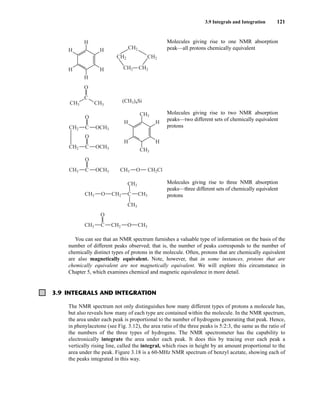 3.9 Integrals and Integration 121
You can see that an NMR spectrum furnishes a valuable type of information on the basis of the
number of different peaks observed; that is, the number of peaks corresponds to the number of
chemically distinct types of protons in the molecule. Often, protons that are chemically equivalent
are also magnetically equivalent. Note, however, that in some instances, protons that are
chemically equivalent are not magnetically equivalent. We will explore this circumstance in
Chapter 5, which examines chemical and magnetic equivalence in more detail.
Molecules giving rise to two NMR absorption
peaks—two different sets of chemically equivalent
protons
Molecules giving rise to three NMR absorption
peaks—three different sets of chemically equivalent
protons
H
H
H
H
CH2
CH3
CH3
C
O
OCH3
CH2 C
O
OCH3
CH3 C
O
OCH3
CH3 CH3
C O
O
CH2
CH3 CH2
O C CH3
CH3
CH3
CH3 O CH2Cl
Molecules giving rise to one NMR absorption
peak—all protons chemically equivalent
H
H
H
H
H
H
CH2 CH2
CH2
CH2
CH3 CH3
CH2
C
O
(CH3)4Si
3.9 INTEGRALS AND INTEGRATION
The NMR spectrum not only distinguishes how many different types of protons a molecule has,
but also reveals how many of each type are contained within the molecule. In the NMR spectrum,
the area under each peak is proportional to the number of hydrogens generating that peak. Hence,
in phenylacetone (see Fig. 3.12), the area ratio of the three peaks is 5:2:3, the same as the ratio of
the numbers of the three types of hydrogens. The NMR spectrometer has the capability to
electronically integrate the area under each peak. It does this by tracing over each peak a
vertically rising line, called the integral, which rises in height by an amount proportional to the
area under the peak. Figure 3.18 is a 60-MHz NMR spectrum of benzyl acetate, showing each of
the peaks integrated in this way.
14782_03_Ch3_p105-176.pp2.qxd 2/1/08 10:56 PM Page 121
 