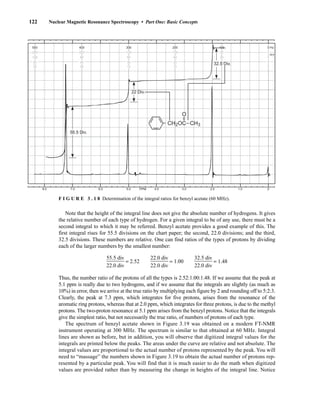 Note that the height of the integral line does not give the absolute number of hydrogens. It gives
the relative number of each type of hydrogen. For a given integral to be of any use, there must be a
second integral to which it may be referred. Benzyl acetate provides a good example of this. The
first integral rises for 55.5 divisions on the chart paper; the second, 22.0 divisions; and the third,
32.5 divisions. These numbers are relative. One can find ratios of the types of protons by dividing
each of the larger numbers by the smallest number:
ᎏ
5
2
5
2
.
.
5
0
d
d
i
i
v
v
ᎏ = 2.52 ᎏ
2
2
2
2
.
.
0
0
d
d
i
i
v
v
ᎏ = 1.00 ᎏ
3
2
2
2
.
.
5
0
d
d
i
i
v
v
ᎏ = 1.48
Thus, the number ratio of the protons of all the types is 2.52:1.00:1.48. If we assume that the peak at
5.1 ppm is really due to two hydrogens, and if we assume that the integrals are slightly (as much as
10%) in error, then we arrive at the true ratio by multiplying each figure by 2 and rounding off to 5:2:3.
Clearly, the peak at 7.3 ppm, which integrates for five protons, arises from the resonance of the
aromatic ring protons, whereas that at 2.0 ppm, which integrates for three protons, is due to the methyl
protons. The two-proton resonance at 5.1 ppm arises from the benzyl protons. Notice that the integrals
give the simplest ratio, but not necessarily the true ratio, of numbers of protons of each type.
The spectrum of benzyl acetate shown in Figure 3.19 was obtained on a modern FT-NMR
instrument operating at 300 MHz. The spectrum is similar to that obtained at 60 MHz. Integral
lines are shown as before, but in addition, you will observe that digitized integral values for the
integrals are printed below the peaks. The areas under the curve are relative and not absolute. The
integral values are proportional to the actual number of protons represented by the peak. You will
need to “massage” the numbers shown in Figure 3.19 to obtain the actual number of protons rep-
resented by a particular peak. You will find that it is much easier to do the math when digitized
values are provided rather than by measuring the change in heights of the integral line. Notice
122 Nuclear Magnetic Resonance Spectroscopy • Part One: Basic Concepts
8.0 7.0 6.0 5.0 4.0 3.0 2.0 1.0 0
PPM
500
250
100
50
25
400
200
80
40
20
300
150
60
30
15
200
100
40
20
10
100
50
20
10
5
0
0
0
0
0
Hz
H
55.5 Div.
CH2OC
O
–
–
22 Div.
32.5 Div.
–CH3
F I G U R E 3 . 1 8 Determination of the integral ratios for benzyl acetate (60 MHz).
14782_03_Ch3_p105-176.pp2.qxd 2/1/08 10:56 PM Page 122
 