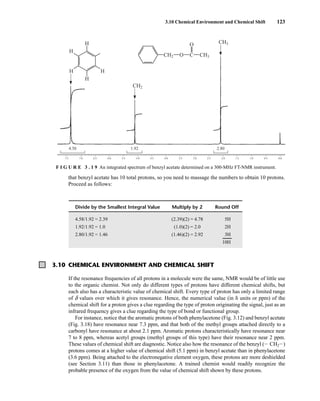 3.10 Chemical Environment and Chemical Shift 123
3.10 CHEMICAL ENVIRONMENT AND CHEMICAL SHIFT
If the resonance frequencies of all protons in a molecule were the same, NMR would be of little use
to the organic chemist. Not only do different types of protons have different chemical shifts, but
each also has a characteristic value of chemical shift. Every type of proton has only a limited range
of d values over which it gives resonance. Hence, the numerical value (in  units or ppm) of the
chemical shift for a proton gives a clue regarding the type of proton originating the signal, just as an
infrared frequency gives a clue regarding the type of bond or functional group.
For instance, notice that the aromatic protons of both phenylacetone (Fig. 3.12) and benzyl acetate
(Fig. 3.18) have resonance near 7.3 ppm, and that both of the methyl groups attached directly to a
carbonyl have resonance at about 2.1 ppm. Aromatic protons characteristically have resonance near
7 to 8 ppm, whereas acetyl groups (methyl groups of this type) have their resonance near 2 ppm.
These values of chemical shift are diagnostic. Notice also how the resonance of the benzyl (I CH2I)
protons comes at a higher value of chemical shift (5.1 ppm) in benzyl acetate than in phenylacetone
(3.6 ppm). Being attached to the electronegative element oxygen, these protons are more deshielded
(see Section 3.11) than those in phenylacetone. A trained chemist would readily recognize the
probable presence of the oxygen from the value of chemical shift shown by these protons.
7.5 7.0 6.5 6.0 5.5 5.0 4.5 4.0 3.5 3.0 2.5 2.0
2.80
1.92
4.58
1.5 1.0 0.5 0.0
CH2 CH3
CH2
O
O
C
H
H
H
H
H
CH3
F I G U R E 3 . 1 9 An integrated spectrum of benzyl acetate determined on a 300-MHz FT-NMR instrument.
that benzyl acetate has 10 total protons, so you need to massage the numbers to obtain 10 protons.
Proceed as follows:
Divide by the Smallest Integral Value Multiply by 2 Round Off
4.58/1.92 = 2.39 (2.39)(2) = 4.78 5H
1.92/1.92 = 1.0 (1.0)(2) = 2.0 2H
2.80/1.92 = 1.46 (1.46)(2) = 2.92 3H
10H
14782_03_Ch3_p105-176.pp2.qxd 2/1/08 10:56 PM Page 123
 