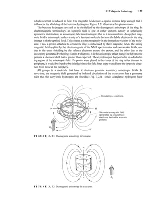 3.12 Magnetic Anisotropy 129
which a current is induced to flow. The magnetic field covers a spatial volume large enough that it
influences the shielding of the benzene hydrogens. Figure 3.21 illustrates this phenomenon.
The benzene hydrogens are said to be deshielded by the diamagnetic anisotropy of the ring. In
electromagnetic terminology, an isotropic field is one of either uniform density or spherically
symmetric distribution; an anisotropic field is not isotropic; that is, it is nonuniform. An applied mag-
netic field is anisotropic in the vicinity of a benzene molecule because the labile electrons in the ring
interact with the applied field. This creates a nonhomogeneity in the immediate vicinity of the mole-
cule. Thus, a proton attached to a benzene ring is influenced by three magnetic fields: the strong
magnetic field applied by the electromagnets of the NMR spectrometer and two weaker fields, one
due to the usual shielding by the valence electrons around the proton, and the other due to the
anisotropy generated by the ring-system p electrons. It is the anisotropic effect that gives the benzene
protons a chemical shift that is greater than expected. These protons just happen to lie in a deshield-
ing region of the anisotropic field. If a proton were placed in the center of the ring rather than on its
periphery, it would be found to be shielded since the field lines there would have the opposite direc-
tion from those at the periphery.
All groups in a molecule that have p electrons generate secondary anisotropic fields. In
acetylene, the magnetic field generated by induced circulation of the p electrons has a geometry
such that the acetylenic hydrogens are shielded (Fig. 3.22). Hence, acetylenic hydrogens have
F I G U R E 3 . 2 1 Diamagnetic anisotropy in benzene.
F I G U R E 3 . 2 2 Diamagnetic anisotropy in acetylene.
14782_03_Ch3_p105-176.pp2.qxd 2/1/08 10:56 PM Page 129
 