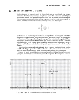 3.13 Spin–Spin Splitting (n ⴙ 1) Rule 131
3.13 SPIN–SPIN SPLITTING (n ⴙ 1) RULE
We have discussed the manner in which the chemical shift and the integral (peak area) can give
information about the number and types of hydrogens contained in a molecule. A third type of
information to be found in the NMR spectrum is that derived from the spin–spin splitting phenomenon.
Even in simple molecules, one finds that each type of proton rarely gives a single resonance peak. For
instance, in 1,1,2-trichloroethane there are two chemically distinct types of hydrogens:
On the basis of the information given thus far, one would predict two resonance peaks in the NMR
spectrum of 1,1,2-trichloroethane, with an area ratio (integral ratio) of 2:1. In reality, the high-resolution
NMR spectrum of this compound has five peaks: a group of three peaks (called a triplet) at 5.77 ppm
and a group of two peaks (called a doublet) at 3.95 ppm. Figure 3.25 shows this spectrum. The methine
(CH) resonance (5.77 ppm) is said to be split into a triplet, and the methylene resonance (3.95 ppm) is
split into a doublet. The area under the three triplet peaks is 1, relative to an area of 2 under the two dou-
blet peaks.
This phenomenon, called spin–spin splitting, can be explained empirically by the so-called
n + 1 Rule. Each type of proton “senses” the number of equivalent protons (n) on the carbon atom(s)
next to the one to which it is bonded, and its resonance peak is split into (n + 1) components.
Examine the case at hand, 1,1,2-trichloroethane, utilizing the n + 1 Rule. First the lone methine
hydrogen is situated next to a carbon bearing two methylene protons. According to the rule, it has
C
Cl Cl
CH2
H
Cl
8.0 7.0 6.0 5.0 4.0 3.0 2.0 1.0 0 PPM
1000
500
250
100
50
800
400
200
80
40
600
300
150
60
30
400
200
100
40
20
200
100
50
20
10
0 CPS
0 CPS
0
0
0
Integral = 1
Integral = 2
Cl–C–CH2–Cl
H
–
Cl
–
F I G U R E 3 . 2 5 The 1
H NMR spectrum of 1,1,2-trichloroethane (60 MHz).
14782_03_Ch3_p105-176.pp2.qxd 2/1/08 10:56 PM Page 131
 