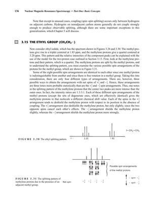 136 Nuclear Magnetic Resonance Spectroscopy • Part One: Basic Concepts
3.15 THE ETHYL GROUP (CH3CH2I)
Now consider ethyl iodide, which has the spectrum shown in Figures 3.26 and 3.30. The methyl pro-
tons give rise to a triplet centered at 1.83 ppm, and the methylene protons give a quartet centered at
3.20 ppm. This pattern and the relative intensities of the component peaks can be explained with the
use of the model for the two-proton case outlined in Section 3.13. First, look at the methylene pro-
tons and their pattern, which is a quartet. The methylene protons are split by the methyl protons, and
to understand the splitting pattern, you must examine the various possible spin arrangements of the
protons for the methyl group, which are shown in Figure 3.31.
Some of the eight possible spin arrangements are identical to each other since one methyl proton
is indistinguishable from another and since there is free rotation in a methyl group. Taking this into
consideration, there are only four different types of arrangements. There are, however, three
possible ways to obtain the arrangements with net spins of +⎯
1
2
⎯ and −⎯
1
2
⎯. Hence, these arrangements
are three times more probable statistically than are the +⎯
3
2
⎯ and −⎯
3
2
⎯ spin arrangements. Thus, one notes
in the splitting pattern of the methylene protons that the center two peaks are more intense than the
outer ones. In fact, the intensity ratios are 1:3:3:1. Each of these different spin arrangements of the
methyl protons (except the sets of degenerate ones, which are effectively identical) gives the
methylene protons in that molecule a different chemical shift value. Each of the spins in the +⎯
3
2
⎯
arrangement tends to deshield the methylene proton with respect to its position in the absence of
coupling. The +⎯
1
2
⎯ arrangement also deshields the methylene proton, but only slightly, since the two
opposite spins cancel each other’s effects. The −⎯
1
2
⎯ arrangement shields the methylene proton
slightly, whereas the −⎯
3
2
⎯ arrangement shields the methylene proton more strongly.
I CH2 CH3
F I G U R E 3 . 3 0 The ethyl splitting pattern.
F I G U R E 3 . 3 1 The splitting pattern of
methylene protons due to the presence of an
adjacent methyl group.
Note that except in unusual cases, coupling (spin–spin splitting) occurs only between hydrogens
on adjacent carbons. Hydrogens on nonadjacent carbon atoms generally do not couple strongly
enough to produce observable splitting, although there are some important exceptions to this
generalization, which Chapter 5 will discuss.
14782_03_Ch3_p105-176.pp2.qxd 2/1/08 10:56 PM Page 136
 