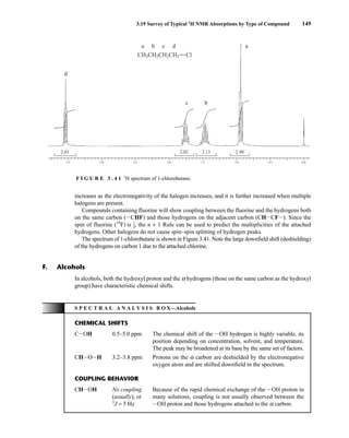 3.19 Survey of Typical 1
H NMR Absorptions by Type of Compound 149
3.5 3.0 2.5 2.0 1.5 1.0 0.5 0.0
2.03 2.02 2.13 2.90
a
b
c
d
CH3CH2CH2CH2
a b c d
Cl
F I G U R E 3 . 4 1 1
H spectrum of 1-chlorobutane.
In alcohols, both the hydroxyl proton and the a hydrogens (those on the same carbon as the hydroxyl
group) have characteristic chemical shifts.
F. Alcohols
S P E C T R A L A N A L Y S I S B O X—Alcohols
CHEMICAL SHIFTS
CIOH 0.5–5.0 ppm The chemical shift of the IOH hydrogen is highly variable, its
position depending on concentration, solvent, and temperature.
The peak may be broadened at its base by the same set of factors.
CHIOIH 3.2–3.8 ppm Protons on the a carbon are deshielded by the electronegative
oxygen atom and are shifted downfield in the spectrum.
COUPLING BEHAVIOR
CHIOH No coupling Because of the rapid chemical exchange of the IOH proton in
(usually), or many solutions, coupling is not usually observed between the
3
J = 5 Hz IOH proton and those hydrogens attached to the a carbon.
increases as the electronegativity of the halogen increases, and it is further increased when multiple
halogens are present.
Compounds containing fluorine will show coupling between the fluorine and the hydrogens both
on the same carbon (ICHF) and those hydrogens on the adjacent carbon (CHICFI). Since the
spin of fluorine (19
F) is ⎯
1
2
⎯, the n + 1 Rule can be used to predict the multiplicities of the attached
hydrogens. Other halogens do not cause spin–spin splitting of hydrogen peaks.
The spectrum of 1-chlorobutane is shown in Figure 3.41. Note the large downfield shift (deshielding)
of the hydrogens on carbon 1 due to the attached chlorine.
14782_03_Ch3_p105-176.pp2.qxd 2/1/08 10:56 PM Page 149
 