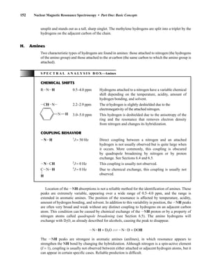 152 Nuclear Magnetic Resonance Spectroscopy • Part One: Basic Concepts
S P E C T R A L A N A L Y S I S B O X—Amines
CHEMICAL SHIFTS
RINIH 0.5–4.0 ppm Hydrogens attached to a nitrogen have a variable chemical
shift depending on the temperature, acidity, amount of
hydrogen bonding, and solvent.
ICHINI 2.2–2.9 ppm The a hydrogen is slightly deshielded due to the
electronegativity of the attached nitrogen.
3.0–5.0 ppm This hydrogen is deshielded due to the anisotropy of the
ring and the resonance that removes electron density
from nitrogen and changes its hybridization.
COUPLING BEHAVIOR
INIH 1
J ≈ 50 Hz Direct coupling between a nitrogen and an attached
hydrogen is not usually observed but is quite large when
it occurs. More commonly, this coupling is obscured
by quadrupole broadening by nitrogen or by proton
exchange. See Sections 6.4 and 6.5.
INICH 2
J ≈ 0 Hz This coupling is usually not observed.
CINIH 3
J ≈ 0 Hz Due to chemical exchange, this coupling is usually not
L observed.
H
N H
Two characteristic types of hydrogens are found in amines: those attached to nitrogen (the hydrogens
of the amino group) and those attached to the a carbon (the same carbon to which the amino group is
attached).
H. Amines
unsplit and stands out as a tall, sharp singlet. The methylene hydrogens are split into a triplet by the
hydrogens on the adjacent carbon of the chain.
Location of the INH absorptions is not a reliable method for the identification of amines. These
peaks are extremely variable, appearing over a wide range of 0.5–4.0 ppm, and the range is
extended in aromatic amines. The position of the resonance is affected by temperature, acidity,
amount of hydrogen bonding, and solvent. In addition to this variability in position, the INH peaks
are often very broad and weak without any distinct coupling to hydrogens on an adjacent carbon
atom. This condition can be caused by chemical exchange of the INH proton or by a property of
nitrogen atoms called quadrupole broadening (see Section 6.5). The amino hydrogens will
exchange with D2O, as already described for alcohols, causing the peak to disappear.
INIH + D2O CI
IB INID + DOH
The INH peaks are strongest in aromatic amines (anilines), in which resonance appears to
strengthen the NH bond by changing the hybridization. Although nitrogen is a spin-active element
(I = 1), coupling is usually not observed between either attached or adjacent hydrogen atoms, but it
can appear in certain specific cases. Reliable prediction is difficult.
14782_03_Ch3_p105-176.pp2.qxd 2/1/08 10:56 PM Page 152
 