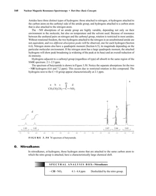 160 Nuclear Magnetic Resonance Spectroscopy • Part One: Basic Concepts
S P E C T R A L A N A L Y S I S B O X—Nitroalkanes
ICHINO2 4.1–4.4 ppm Deshielded by the nitro group.
7.5 7.0 6.5 6.0 5.5 5.0 4.5 4.0 3.5 3.0 2.5 2.0 1.5 1.0 0.5
1.03 1.02 2.07 2.04 3.03
a
b
c
d
O
CH3CH2CH2
a b c d
C NH2
F I G U R E 3 . 5 0 1
H spectrum of butyramide.
O. Nitroalkanes
Amides have three distinct types of hydrogens: those attached to nitrogen, a hydrogens attached to
the carbon atom on the carbonyl side of the amide group, and hydrogens attached to a carbon atom
that is also attached to the nitrogen atom.
The INH absorptions of an amide group are highly variable, depending not only on their
environment in the molecule, but also on temperature and the solvent used. Because of resonance
between the unshared pairs on nitrogen and the carbonyl group, rotation is restricted in most amides.
Without rotational freedom, the two hydrogens attached to the nitrogen in an unsubstituted amide are
not equivalent, and two different absorption peaks will be observed, one for each hydrogen (Section
6.6). Nitrogen atoms also have a quadrupole moment (Section 6.5), its magnitude depending on the
particular molecular environment. If the nitrogen atom has a large quadrupole moment, the attached
hydrogens will show peak broadening (a widening of the peak at its base) and an overall reduction of
its intensity.
Hydrogens adjacent to a carbonyl group (regardless of type) all absorb in the same region of the
NMR spectrum: 2.1–2.5 ppm.
The spectrum of butyramide is shown in Figure 3.50. Notice the separate absorptions for the two
INH hydrogens (6.6 and 7.2 ppm). This occurs due to restricted rotation in this compound. The
hydrogens next to the CJO group appear characteristically at 2.1 ppm.
In nitroalkanes, a hydrogens, those hydrogen atoms that are attached to the same carbon atom to
which the nitro group is attached, have a characteristically large chemical shift.
14782_03_Ch3_p105-176.pp2.qxd 2/1/08 10:56 PM Page 160
 